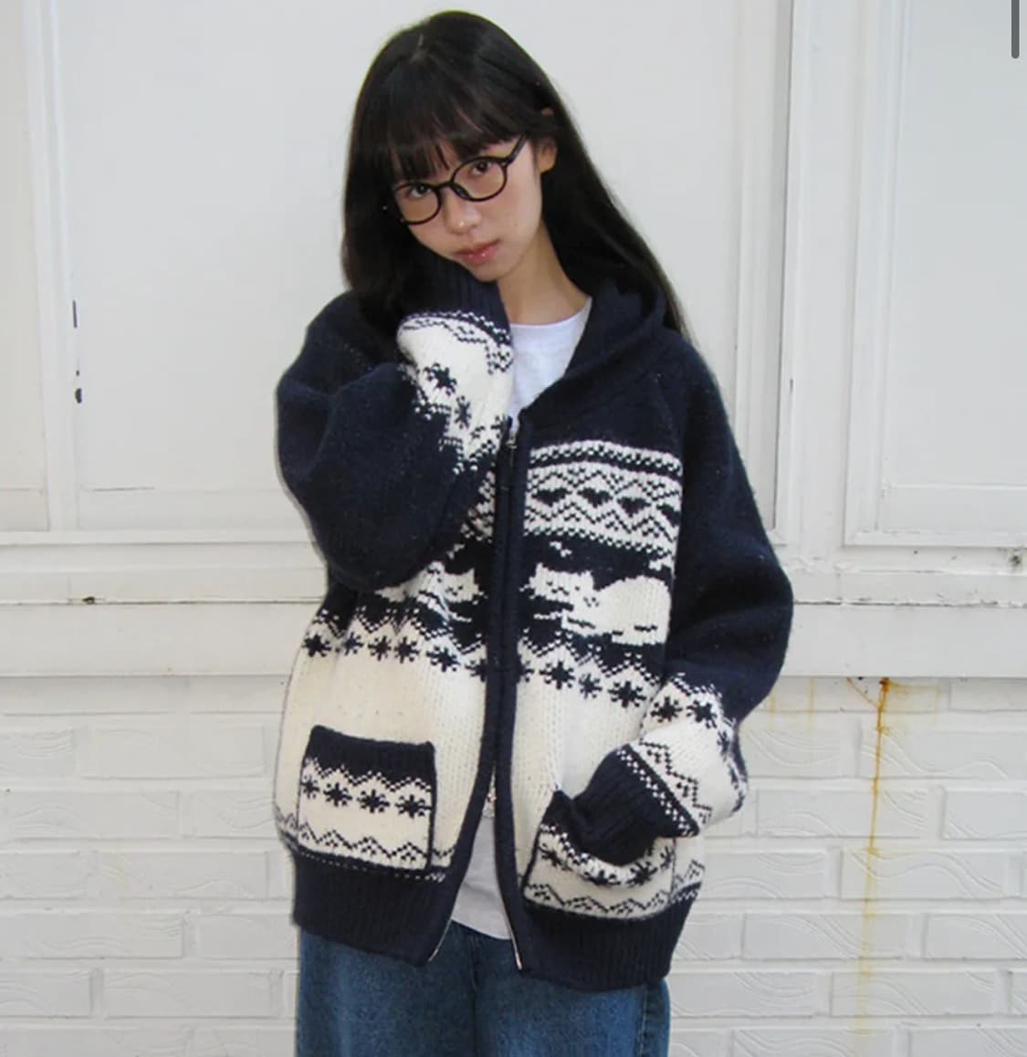 론론 CAT JACQUARD HOOD ZIP UP KNIT NAVY 상품이미지1