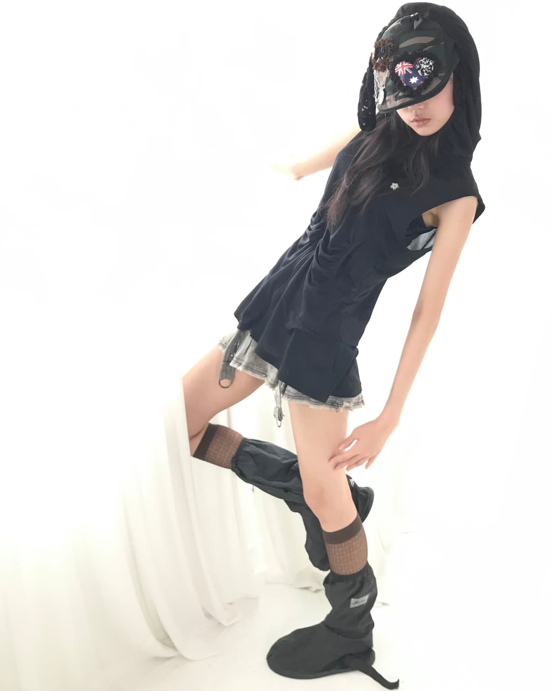Black shirring hoodie mesh zip🤐onepiece 상품이미지4