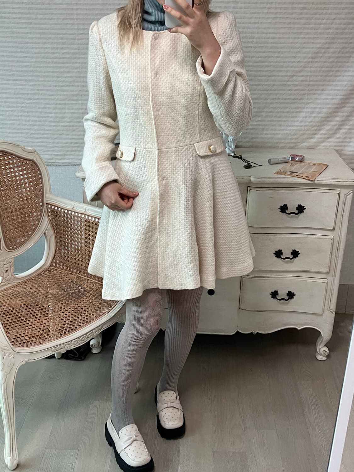 일본빈티지 아이보리 트위드 리본 코트 상품이미지1