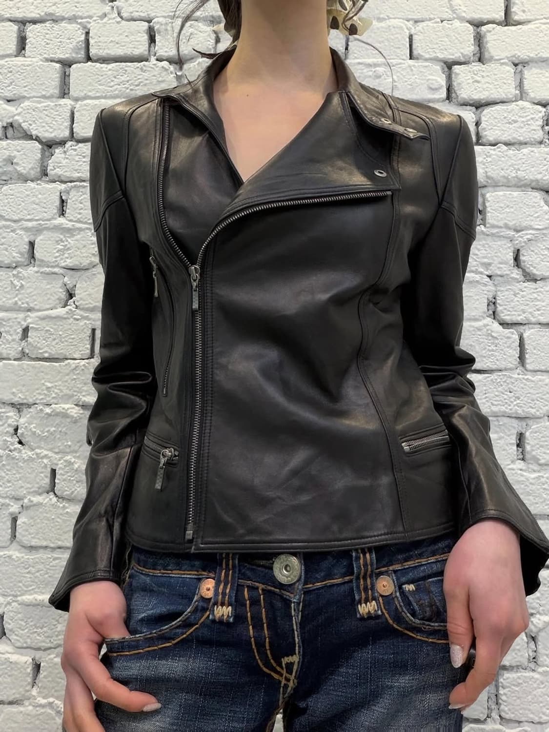 Asymmetric High-Neck Leather Jacket 상품이미지2