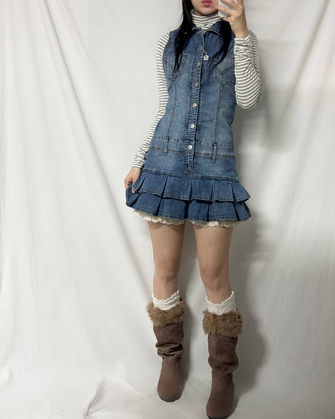 셔링 넥 슬리브 스트라이프 패턴 폴라넥 티 상품이미지8