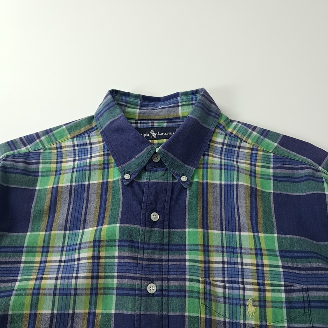 CK302 L 폴로 90s 일본판 네이비 그린 마드라스 셔츠 남방 상품이미지2
