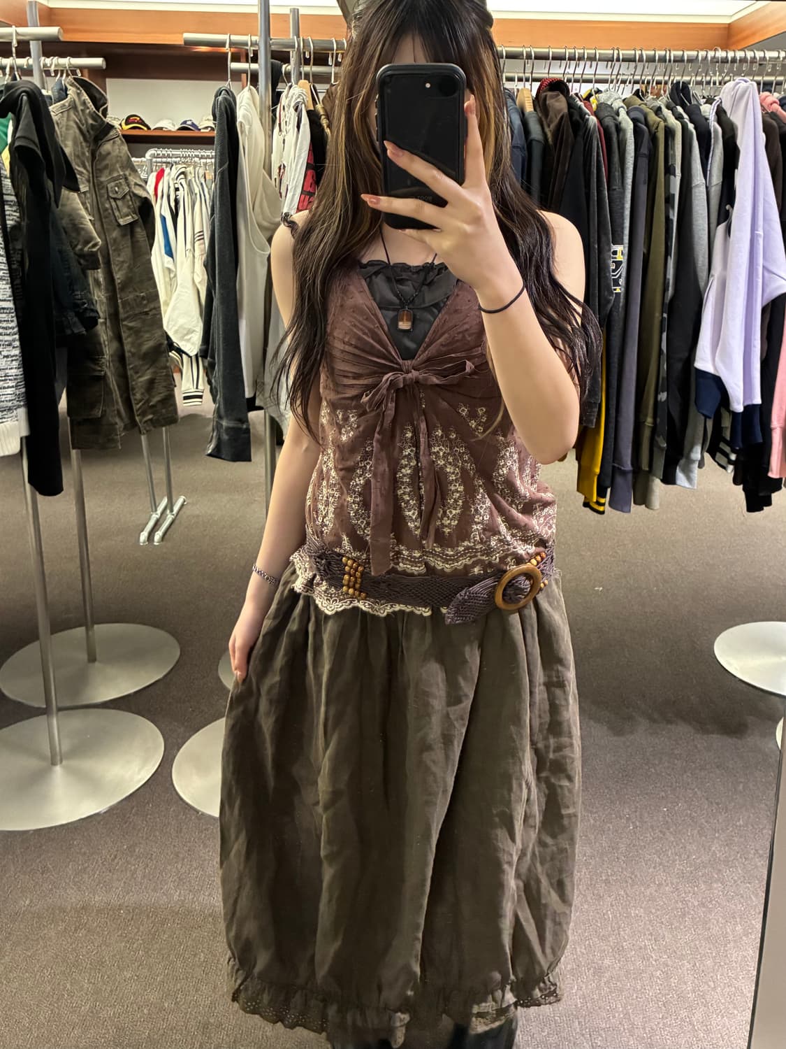 OS)Japanese vintage 밴딩 펀칭 레이스 디테일 브라운 포켓 상품이미지6