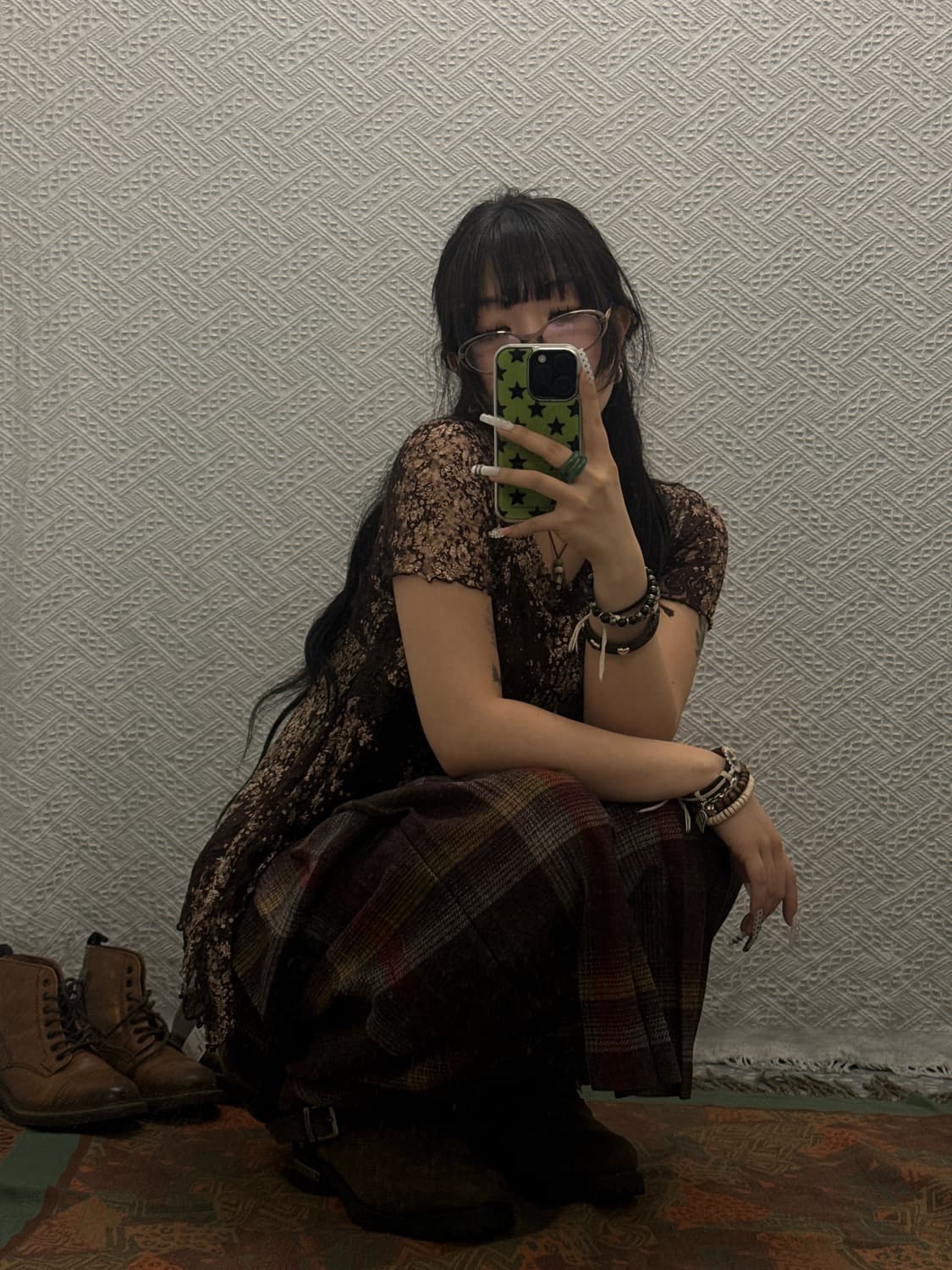 빈티지 레트로 란제리코어 초코브라우니 레이스 조임 반팔티 K0065 상품이미지3