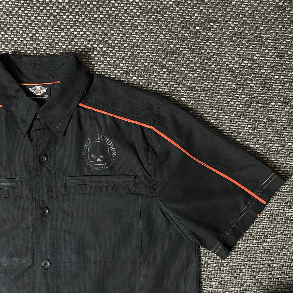 할리데이비슨 블랙 폴리 지퍼 투포켓 오렌지라인 반팔 셔츠 S 상품이미지3