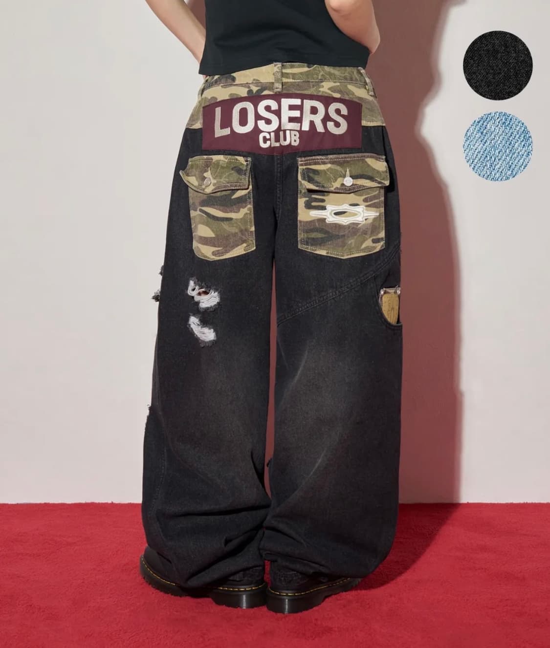 루저스클럽 카모 믹스 데미지 와이드 데님 팬츠 블랙 상품이미지1