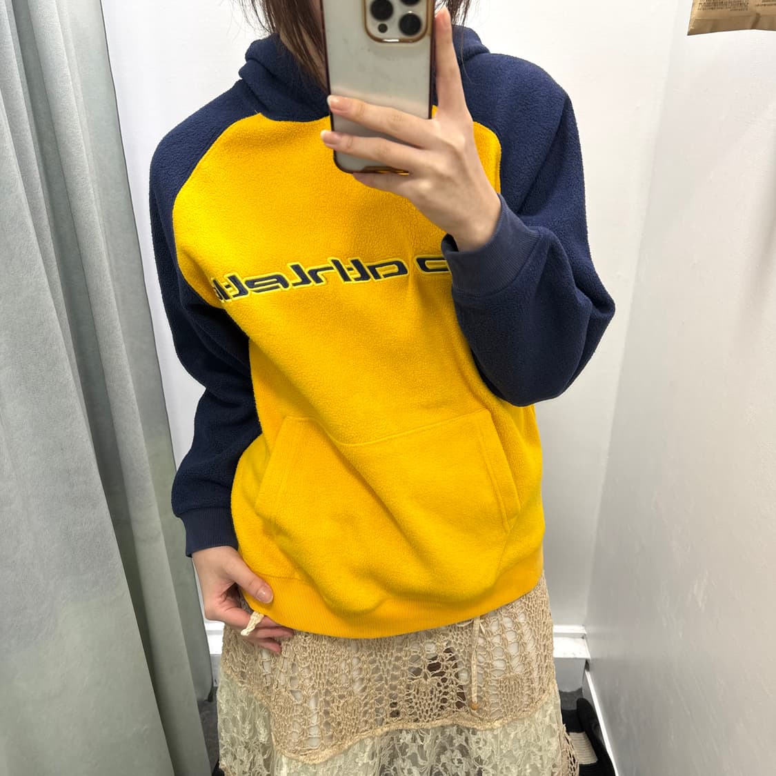 갭 옐로우 블루 배색 플리스 후드티 상품이미지2