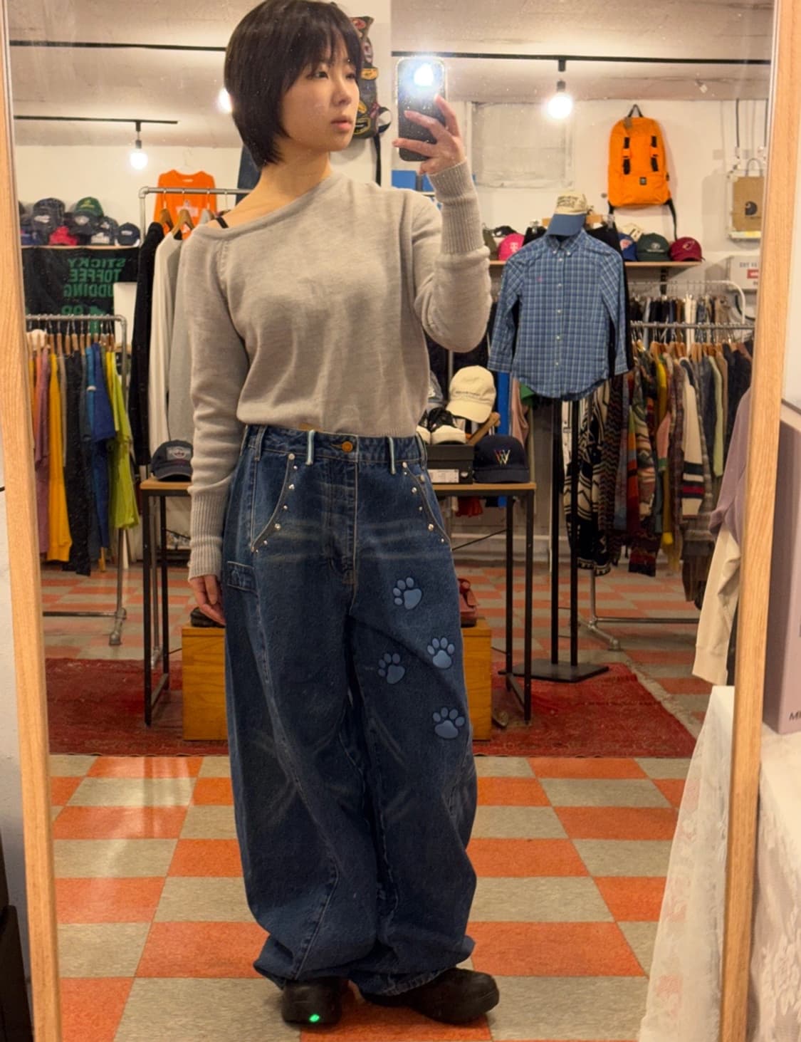 발바닥 프린팅 데님와이드팬츠 상품이미지1