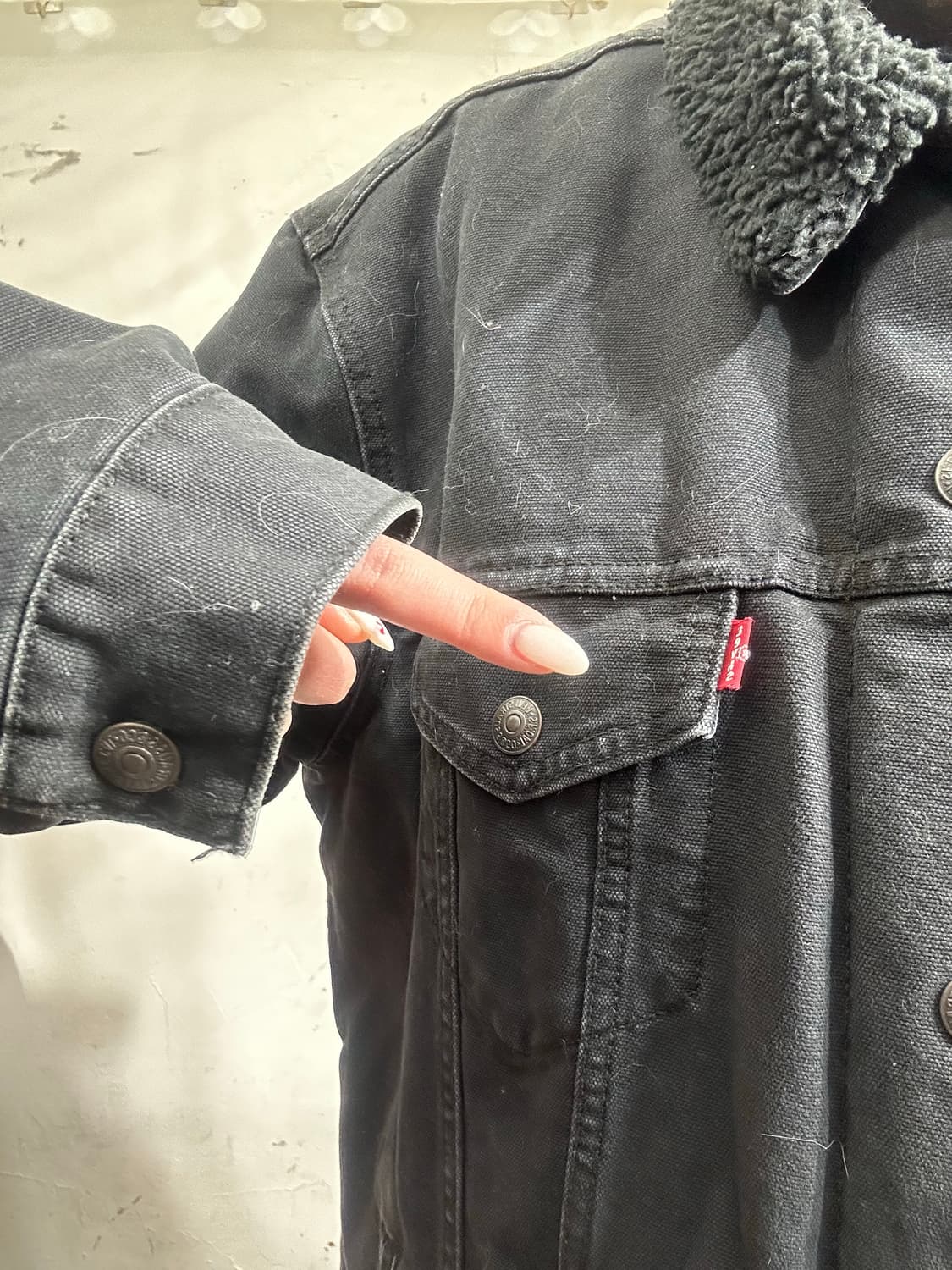 리바이스 일본판 쉐르파 안감 기모 뽀글이 흑청 데님 트럭커 청자켓 L 상품이미지4