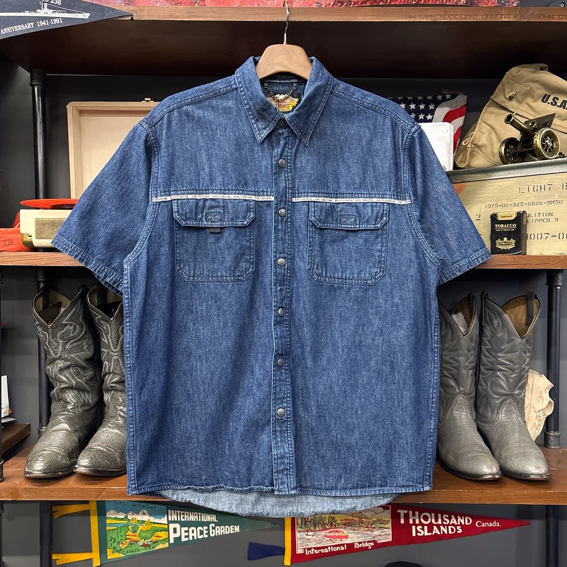 00s 할리데이비슨 내츄럴 워싱 데님 워크셔츠 로고스냅 N1252 상품이미지1
