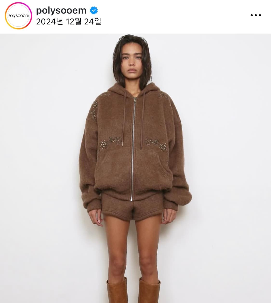 POLYSOOEM 스터드 후드 집업 브라운 상품이미지1