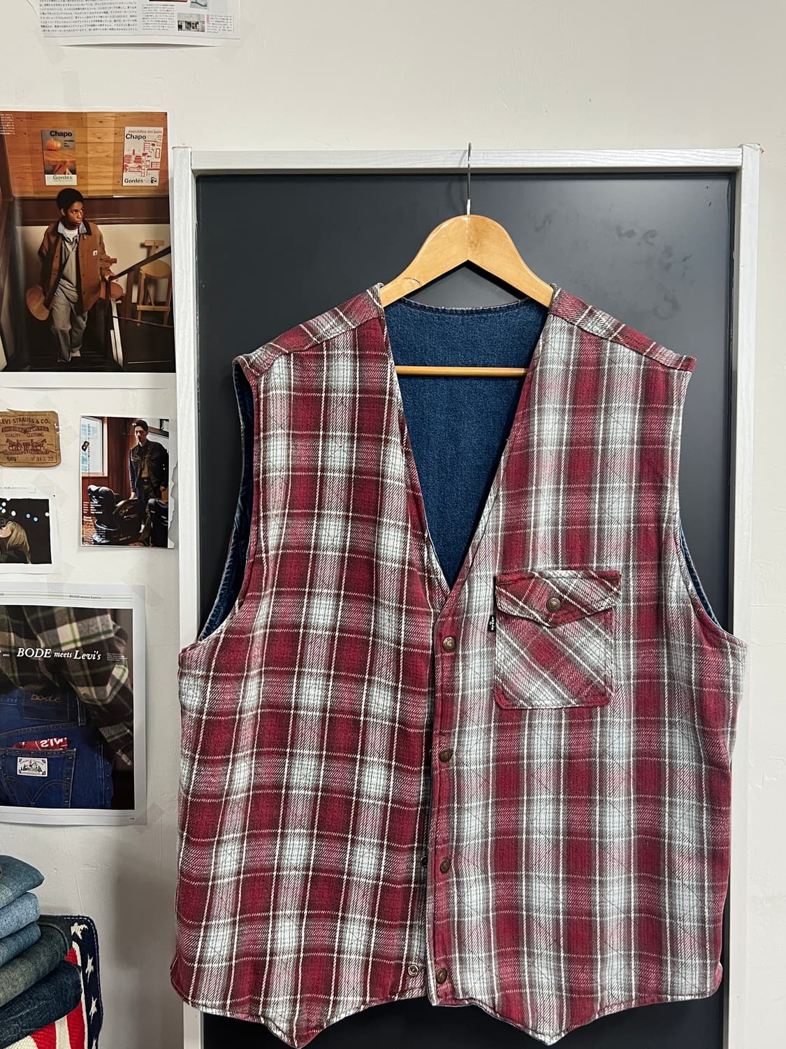 90s Levis USA 리버시블 체크 데님 웨스턴 베스트  상품이미지5