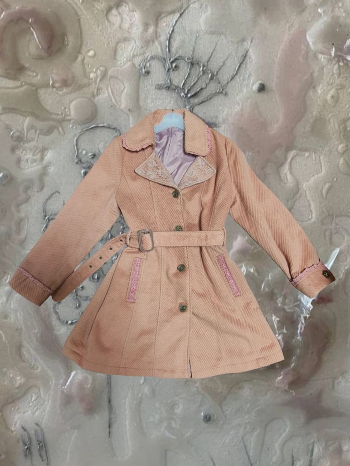 빈티지 슈가슈가룬 레이스 장미 앤틱 엑시즈팜 코듀로이 핑크 트렌치 코트 상품이미지1