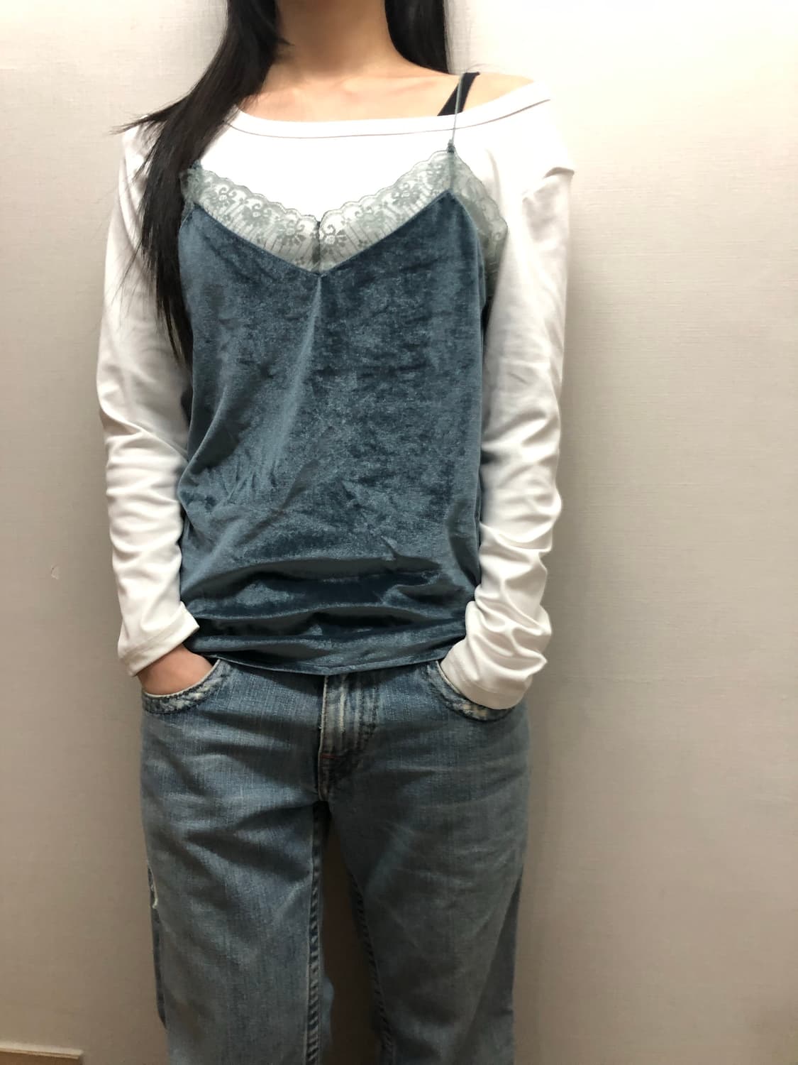 빈티지 블루 벨벳 레이스 슬리브리스 상품이미지2