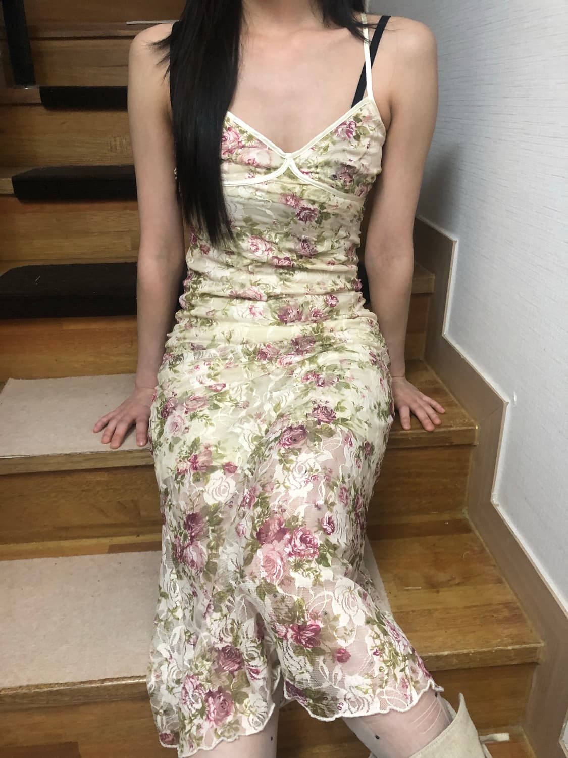 빈티지 아이보리 플라워 롱 원피스 상품이미지5