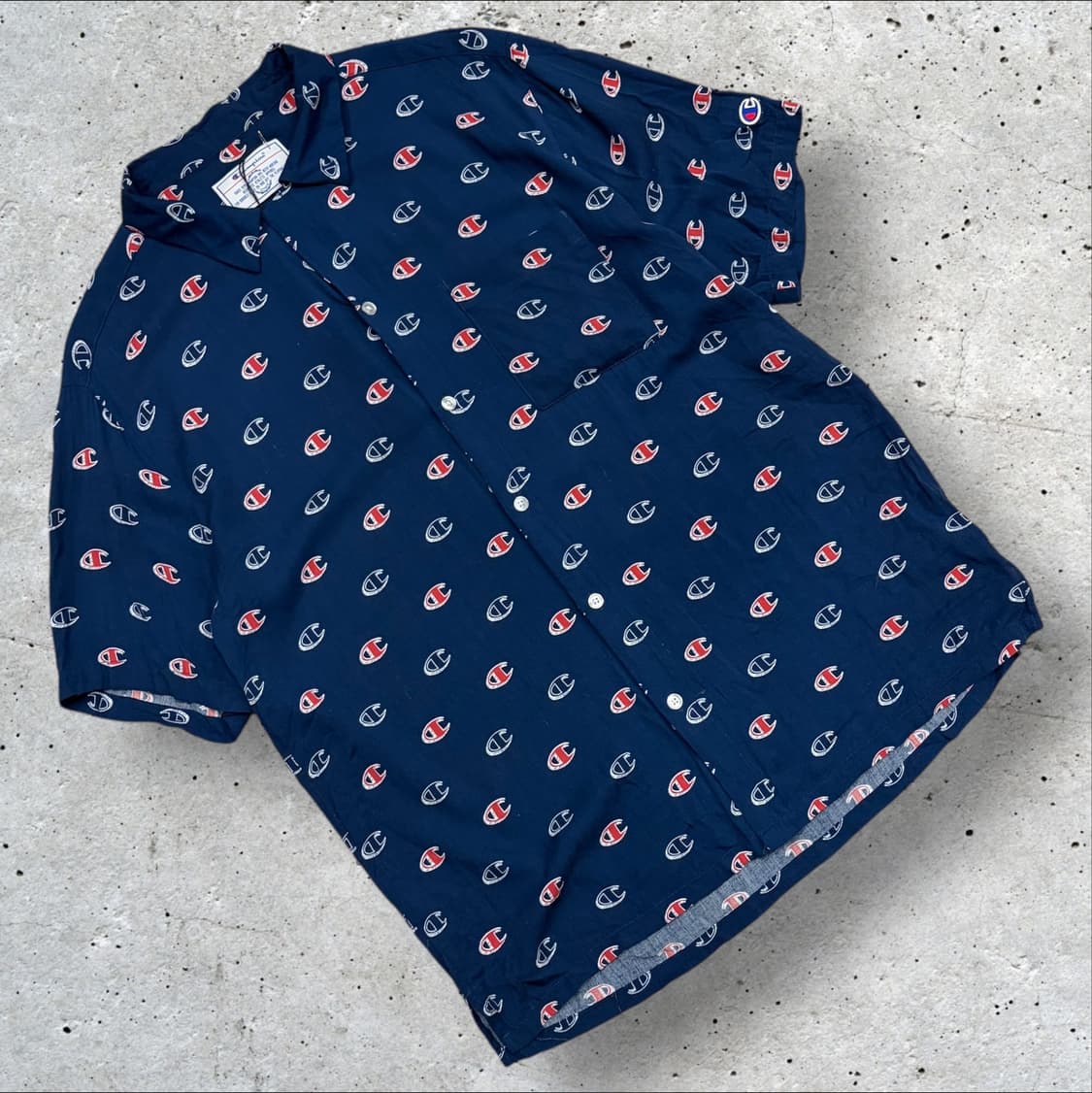 [L] 챔피온 로고 패턴 반팔 셔츠 네이비 C192 상품이미지1