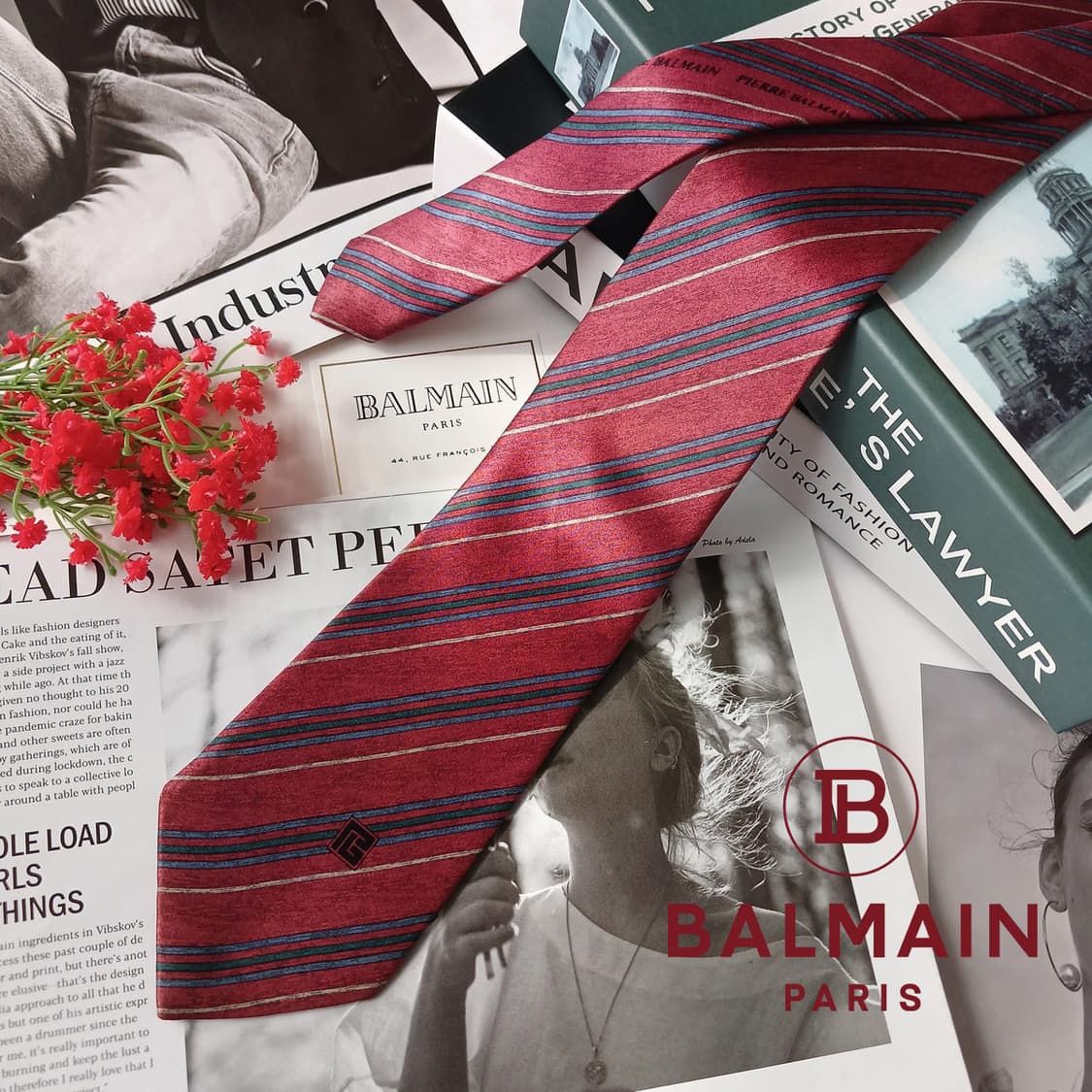 피에르 발망 실크 레드 스트라이프 넥타이 8cm B등급 E765
 상품이미지1