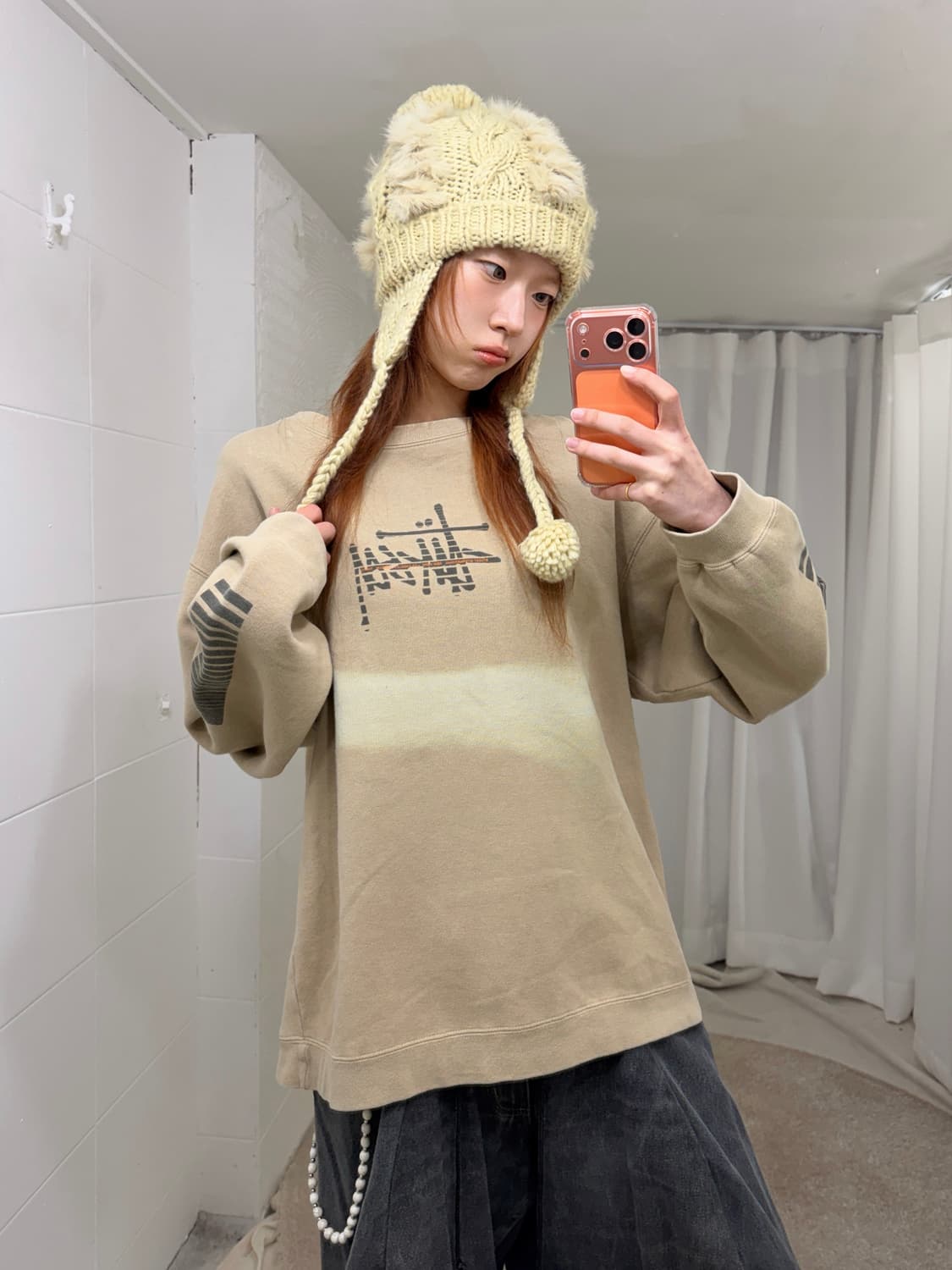 스투시 베이지 소매 프린팅 크루넥 맨투맨 스웻셔츠 상품이미지1