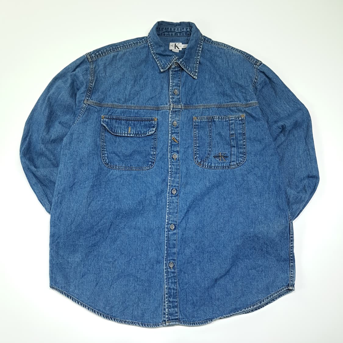 CL394 L 캘빈클라인 90s 홍콩판 코튼 미디엄블루 데님셔츠 남방 상품이미지1