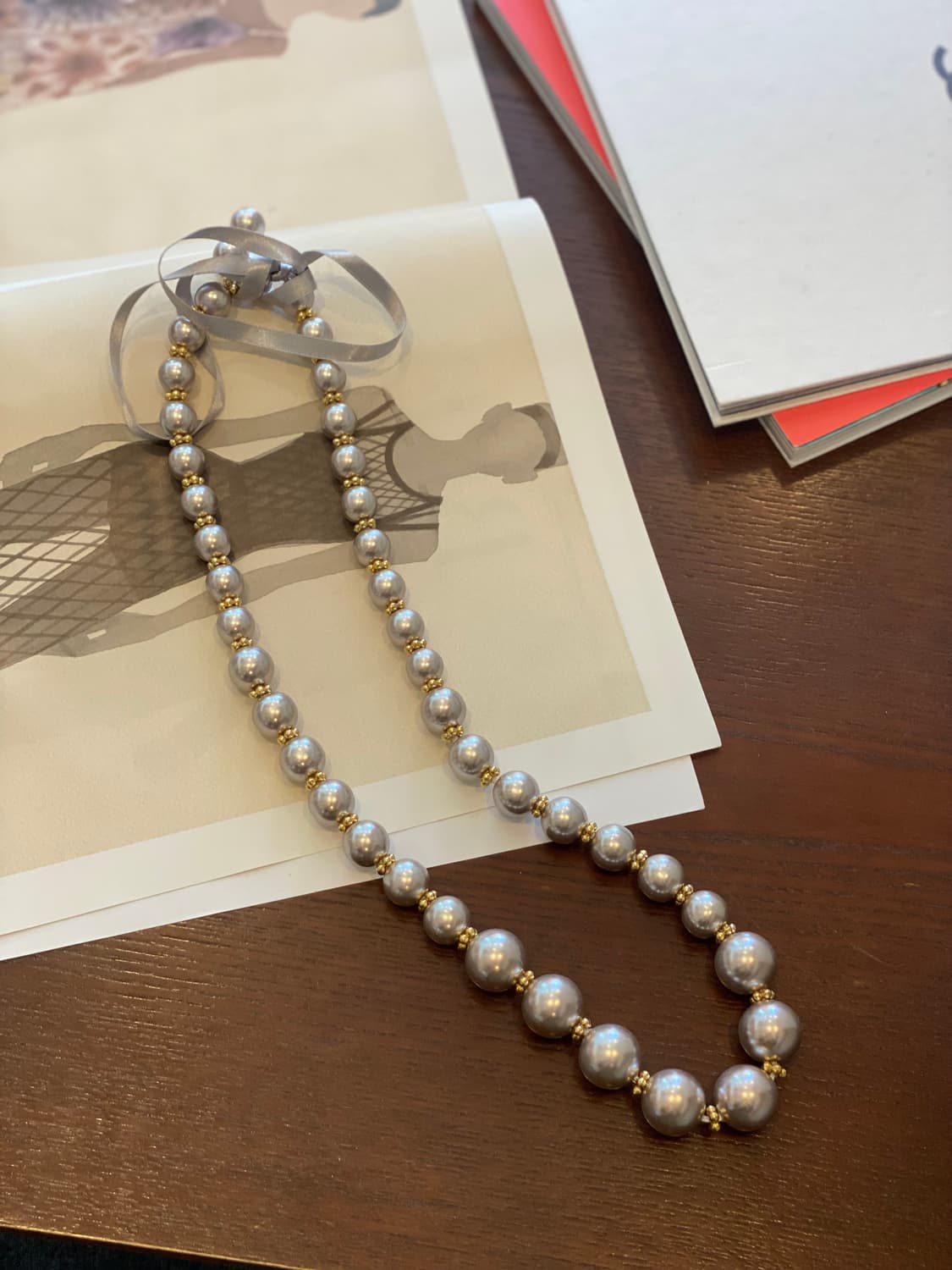 빈티지 그레이 진주구슬 리본 목걸이 상품이미지7