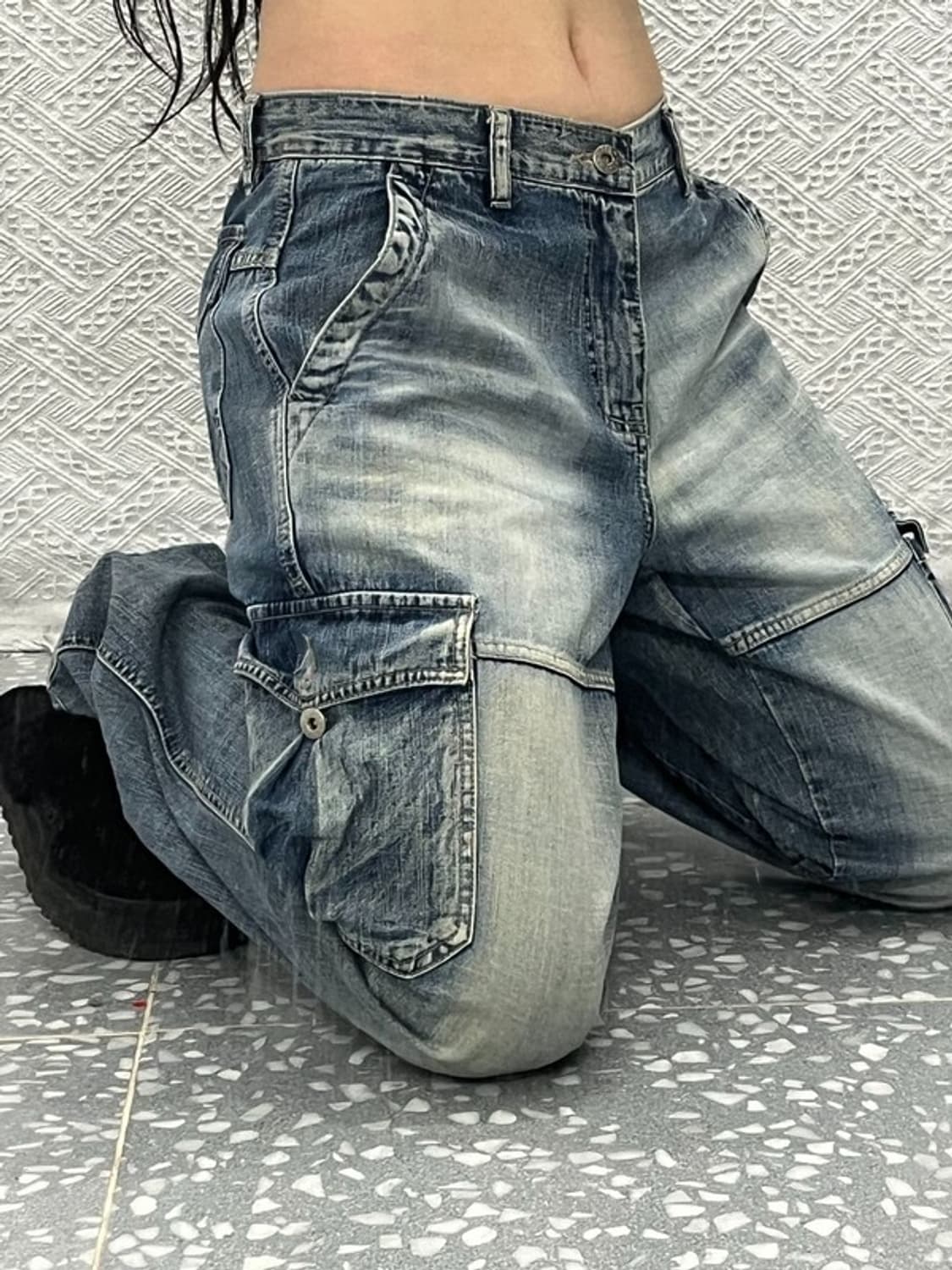 빈티지 올드스쿨 Y2K 워싱 와이드 카고 데님팬츠 30인치 C06671 상품이미지2