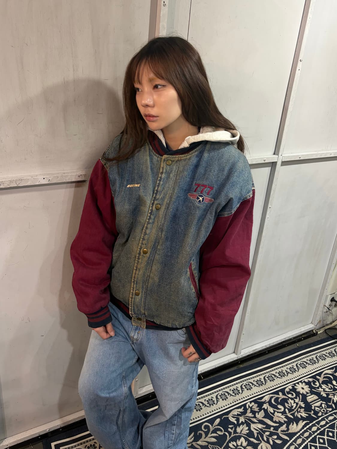 90s 777denim burgundy varsity jk 상품이미지3