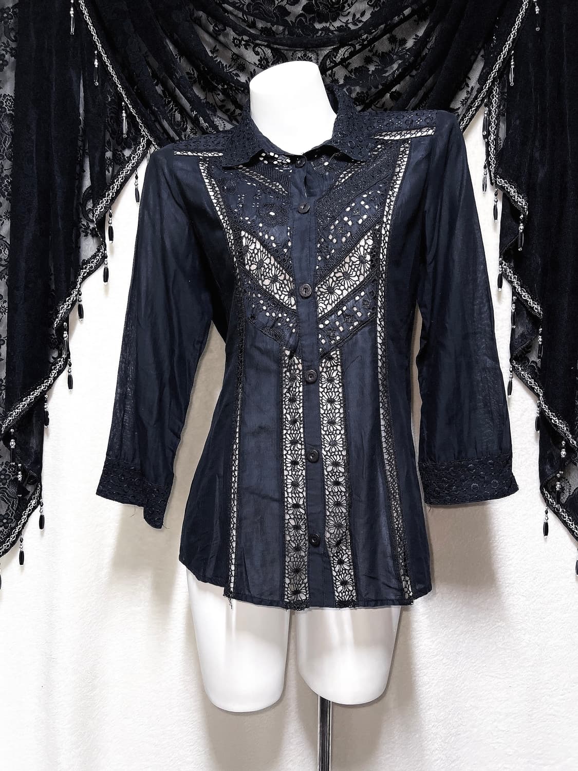 오리엔탈 고스펑크 고딕 레이스 펀칭 블랙 블라우스 중티 다크페어리 핀터 상품이미지7