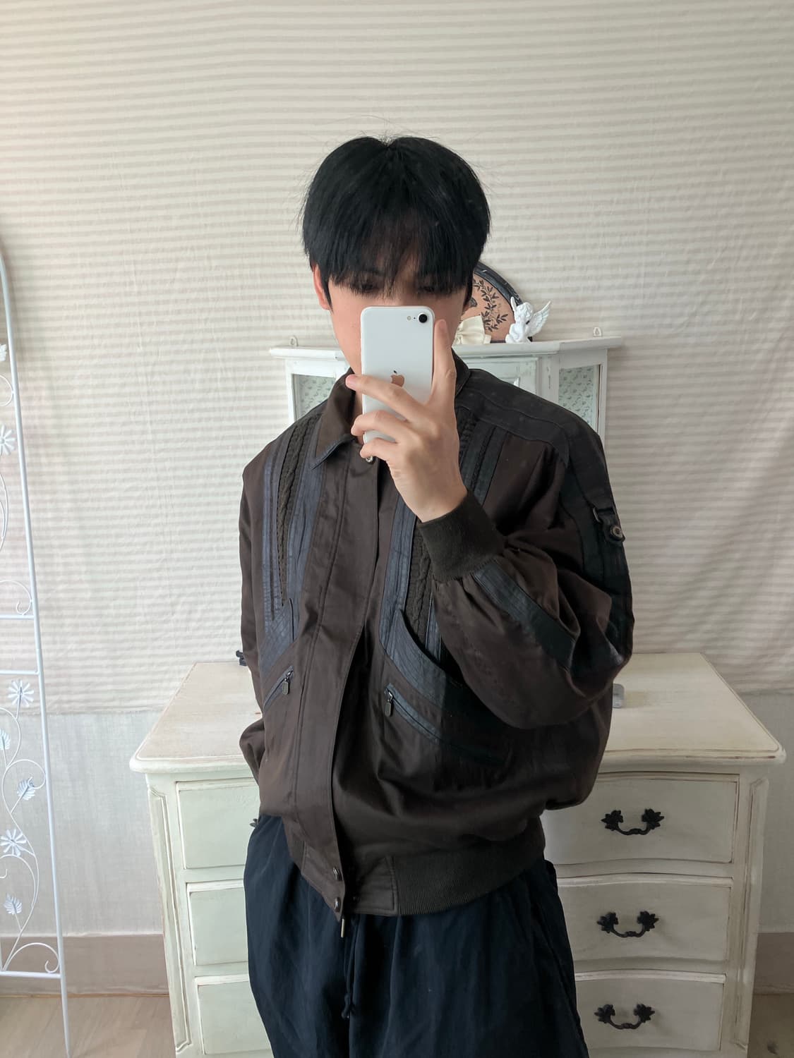 빈티지 초코 브라운 레더 라인 블루종 787 y2k 스트릿 갸루 펑키 일 상품이미지2