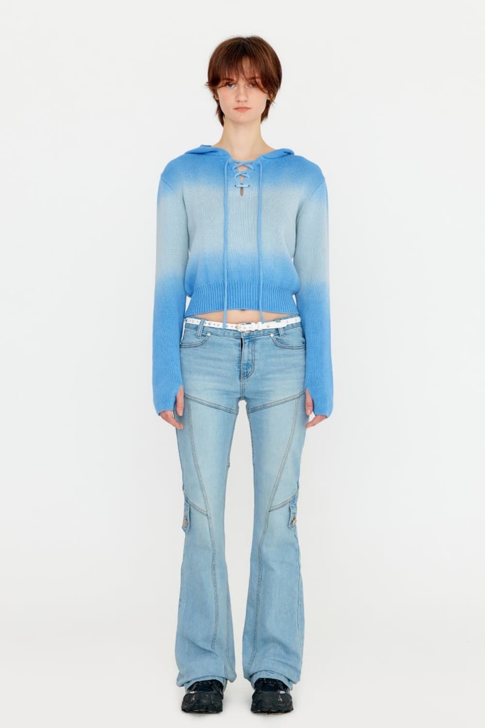 유즈 그라데이션 크롭 후드 니트탑 상품이미지1