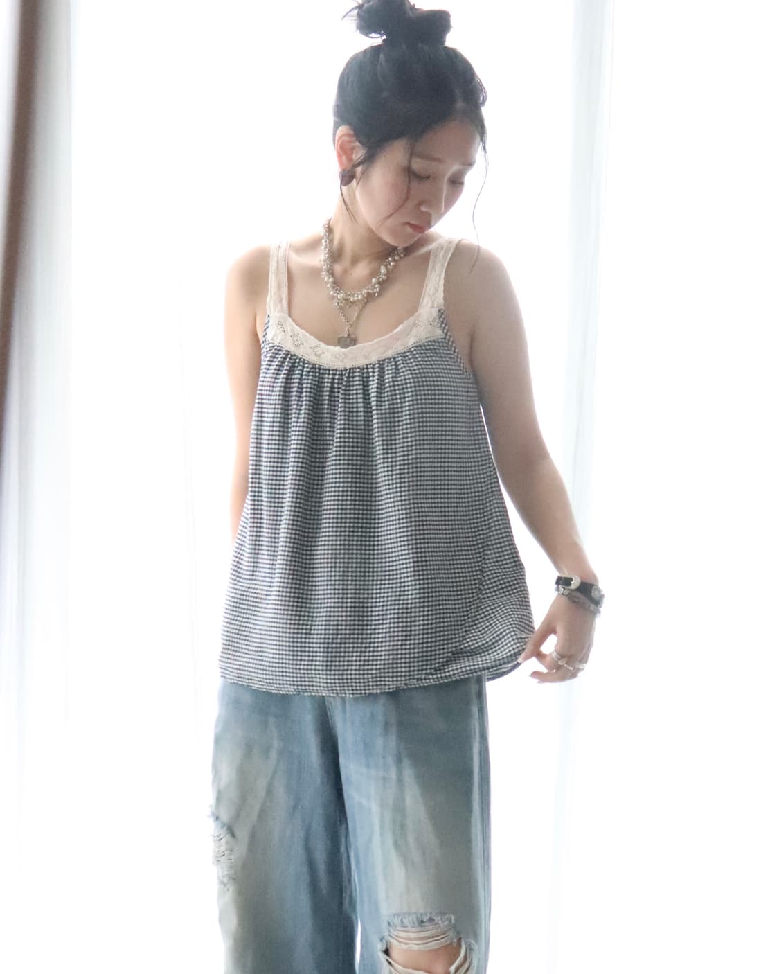 [HUG Ō WäR] Check Lace Camisole Blouse 상품이미지2