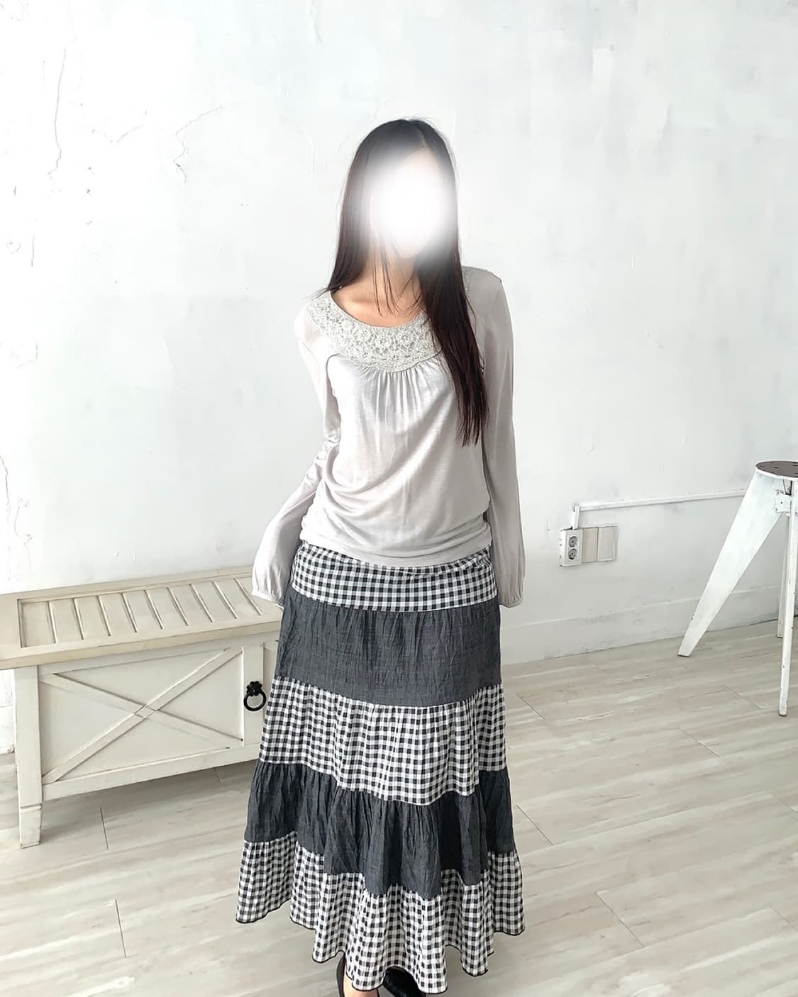 Gray Check Patchwork Long Skirt 상품이미지2