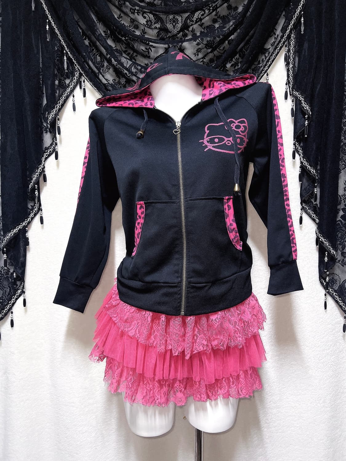 헬로키티 후드집업 고전 레오파드 호피 핑크 갸루 키치 펑크 히메 핀터 상품이미지7