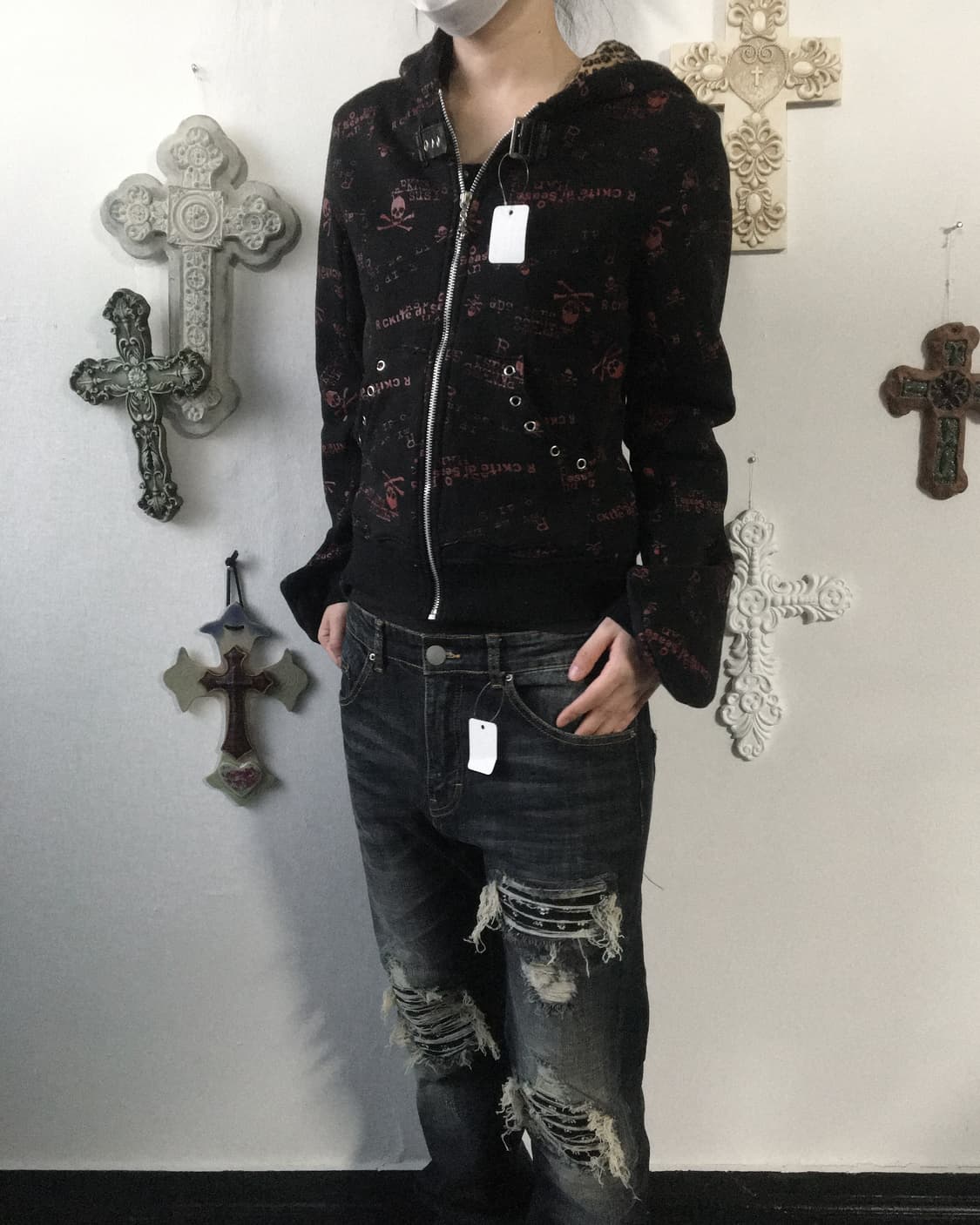 Cat ear skull pattern hood zip up 상품이미지10