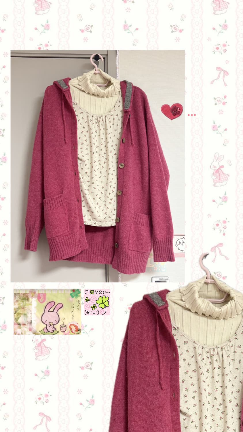 빈티지 핑크 잔꽃 니트 후드 가디건 모리걸 세트 코디세트 상품이미지1