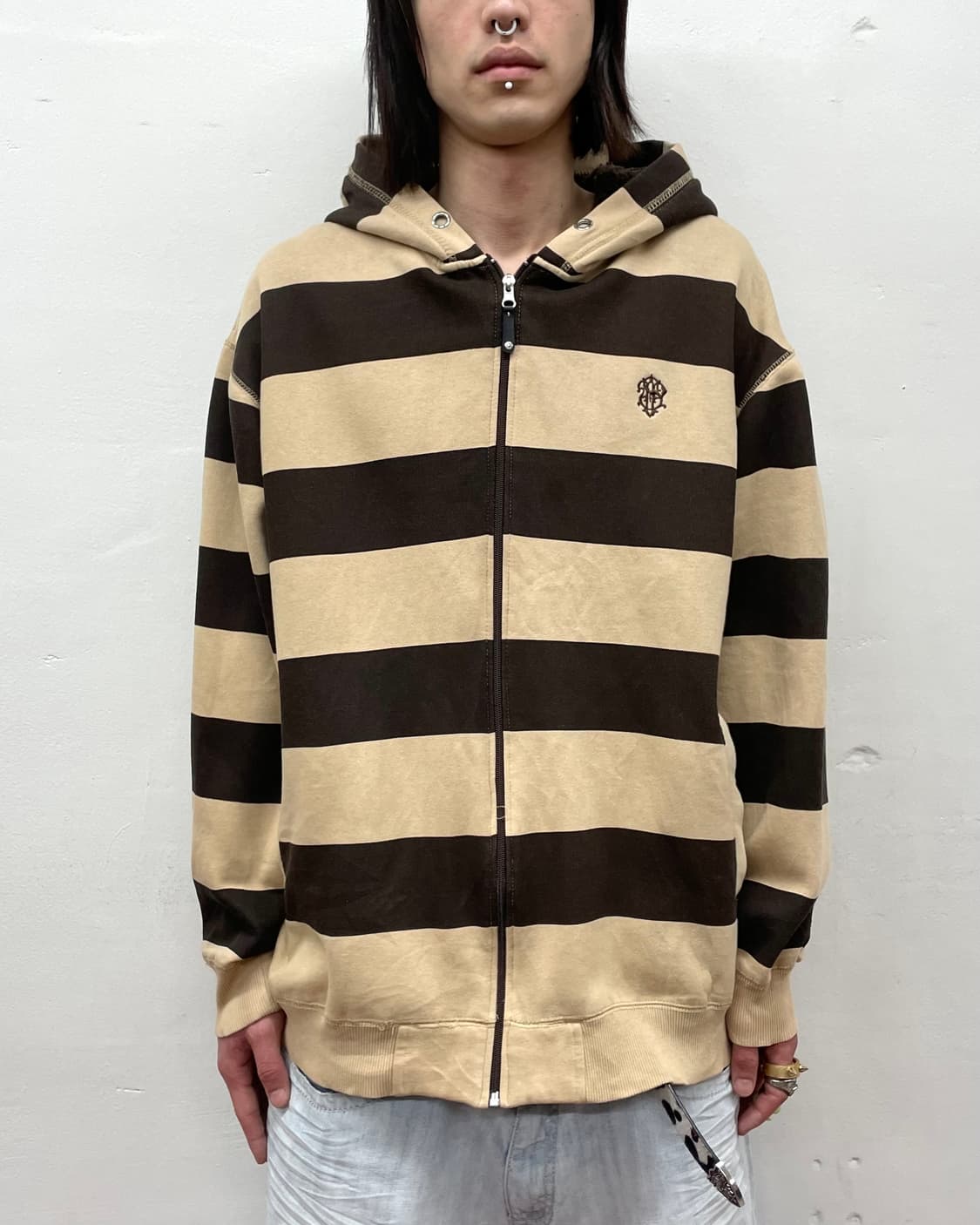Brown Stripe Loose Hoodie Zip-Up 상품이미지1