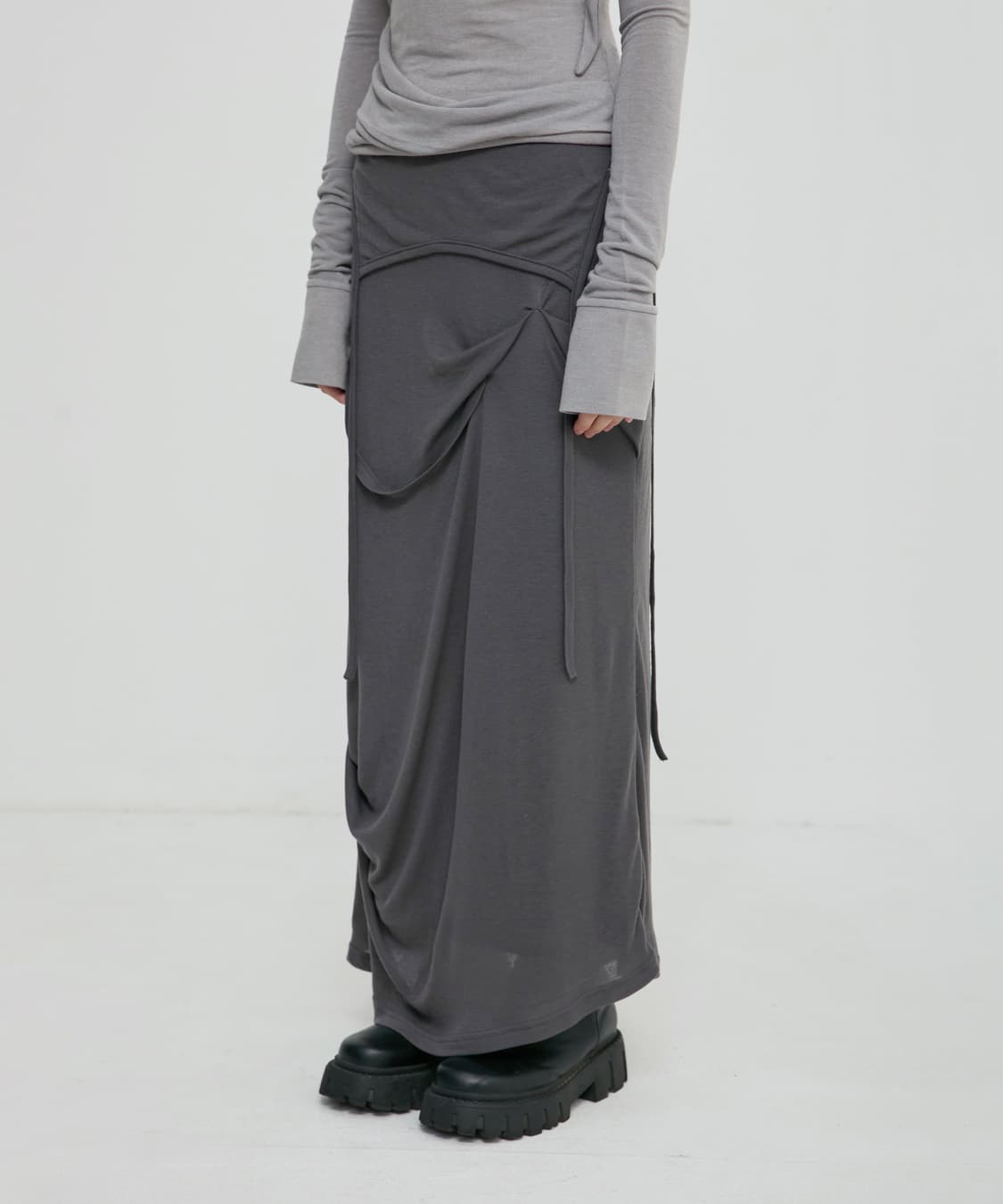 Asymmetrical Draped Long Skirt Dark Gray 상품이미지1