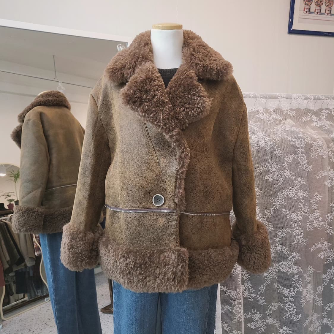 Jingzhongyue 브라운 카라 무스탕 상품이미지2