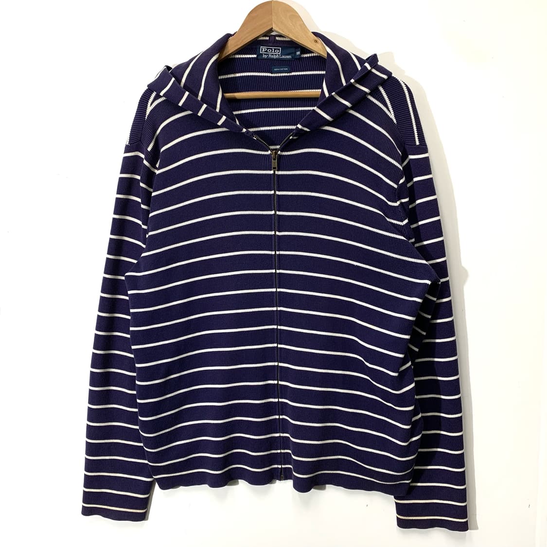 폴로 코튼 스트라이프 후드 니트집업 상품이미지1