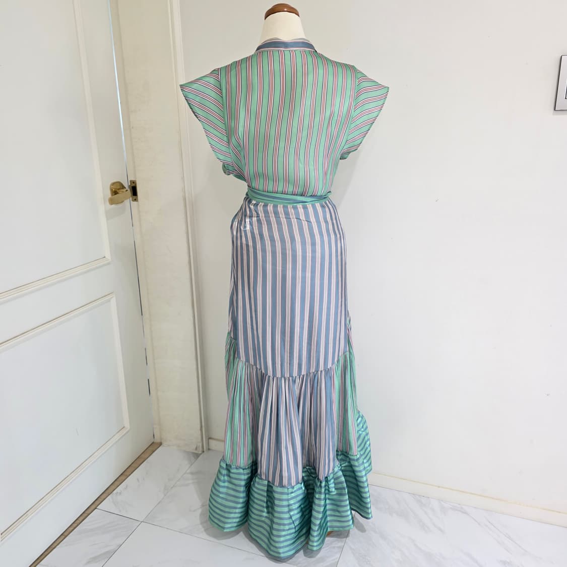 paris 빈티지)그린 스트라이프 패치워크 랩 캉캉 맥시 드레스 상품이미지7