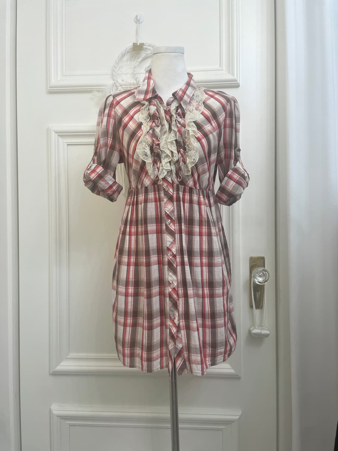 red brown check roll-up lace point midi 상품이미지2