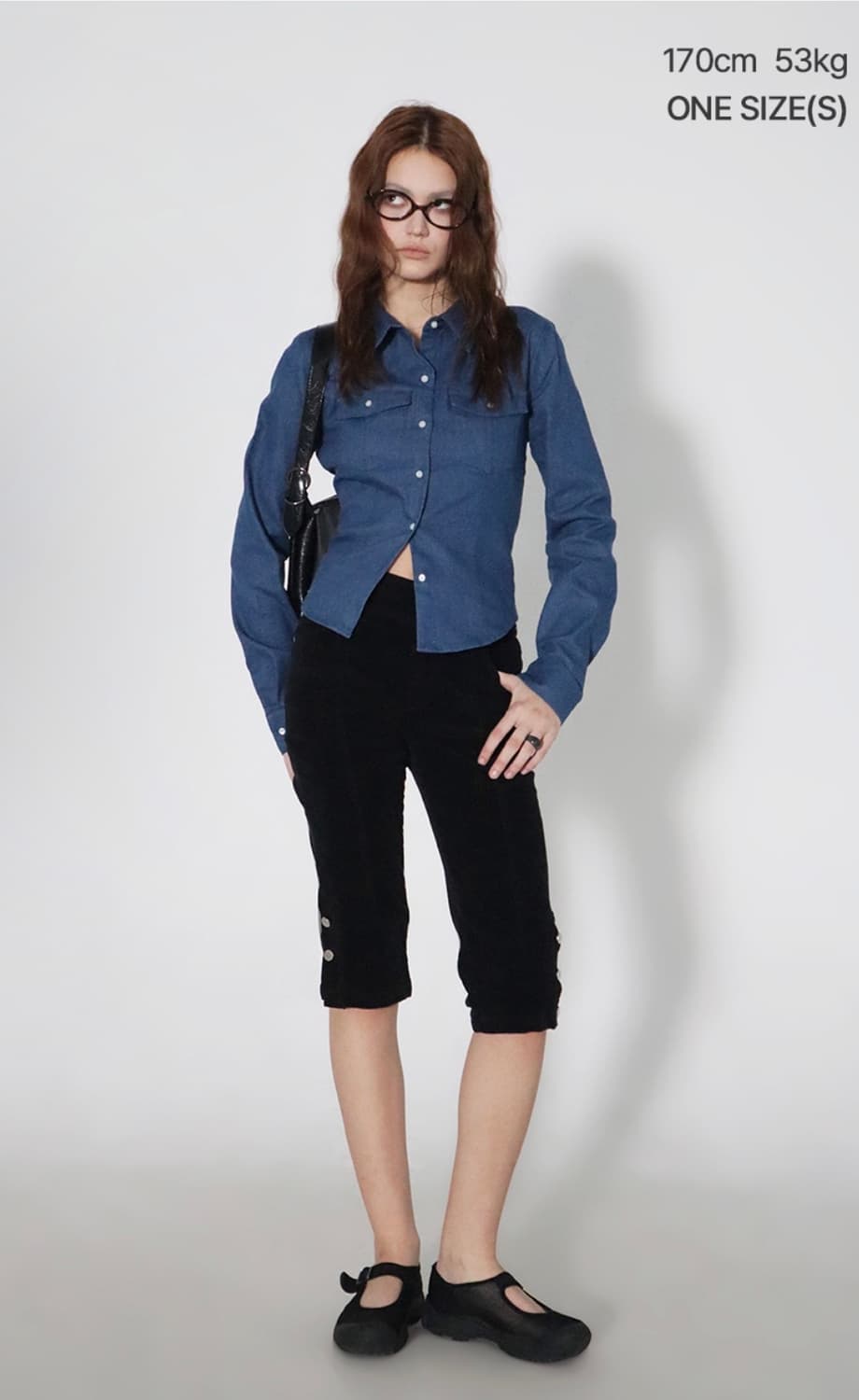 반택포)CHICKS 브랜드의 포켓 데님 슬림 굴림 셔츠 상품이미지3