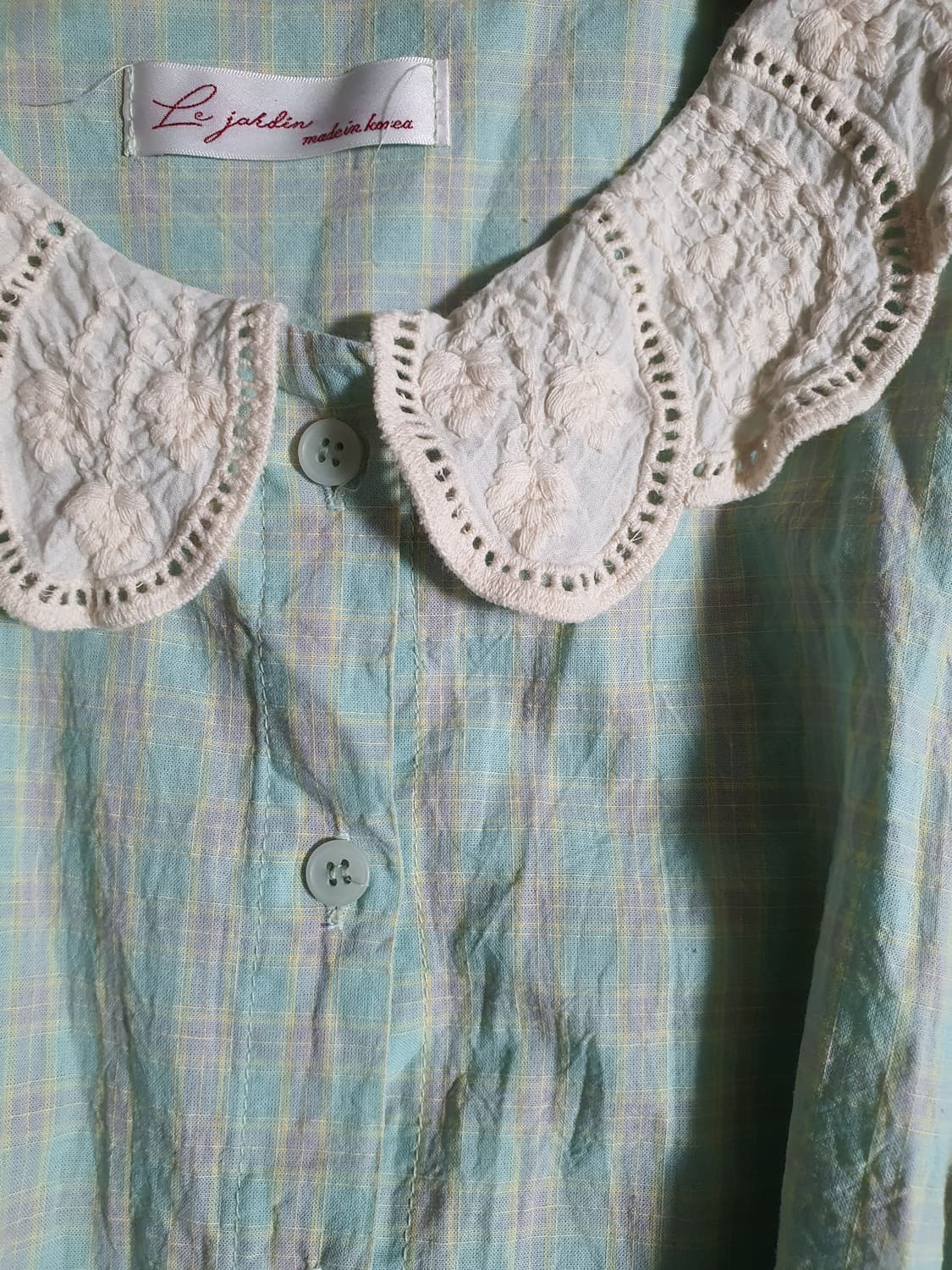 [빈티지] 레이스 카라 블라우스 민트 체크 상품이미지7