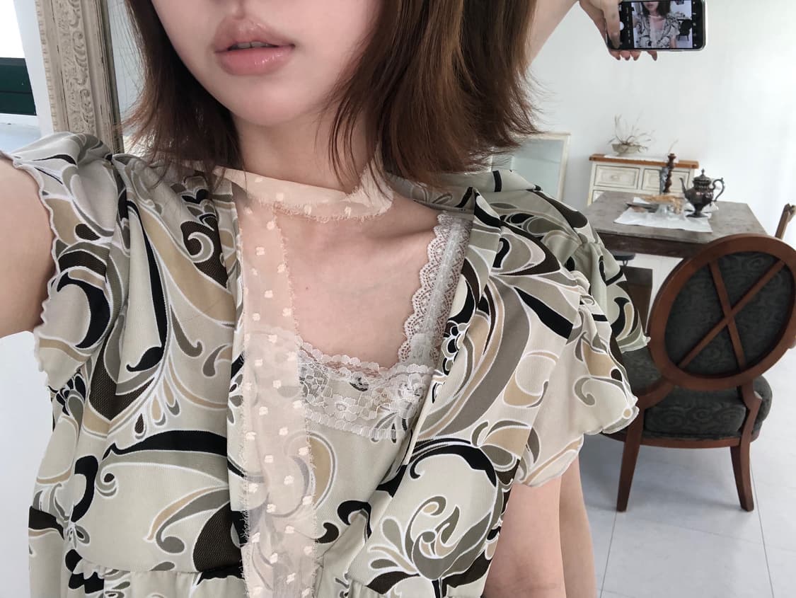 Set 페이즐리 프릴탑 & 그린티 미디 스커트 상품이미지6