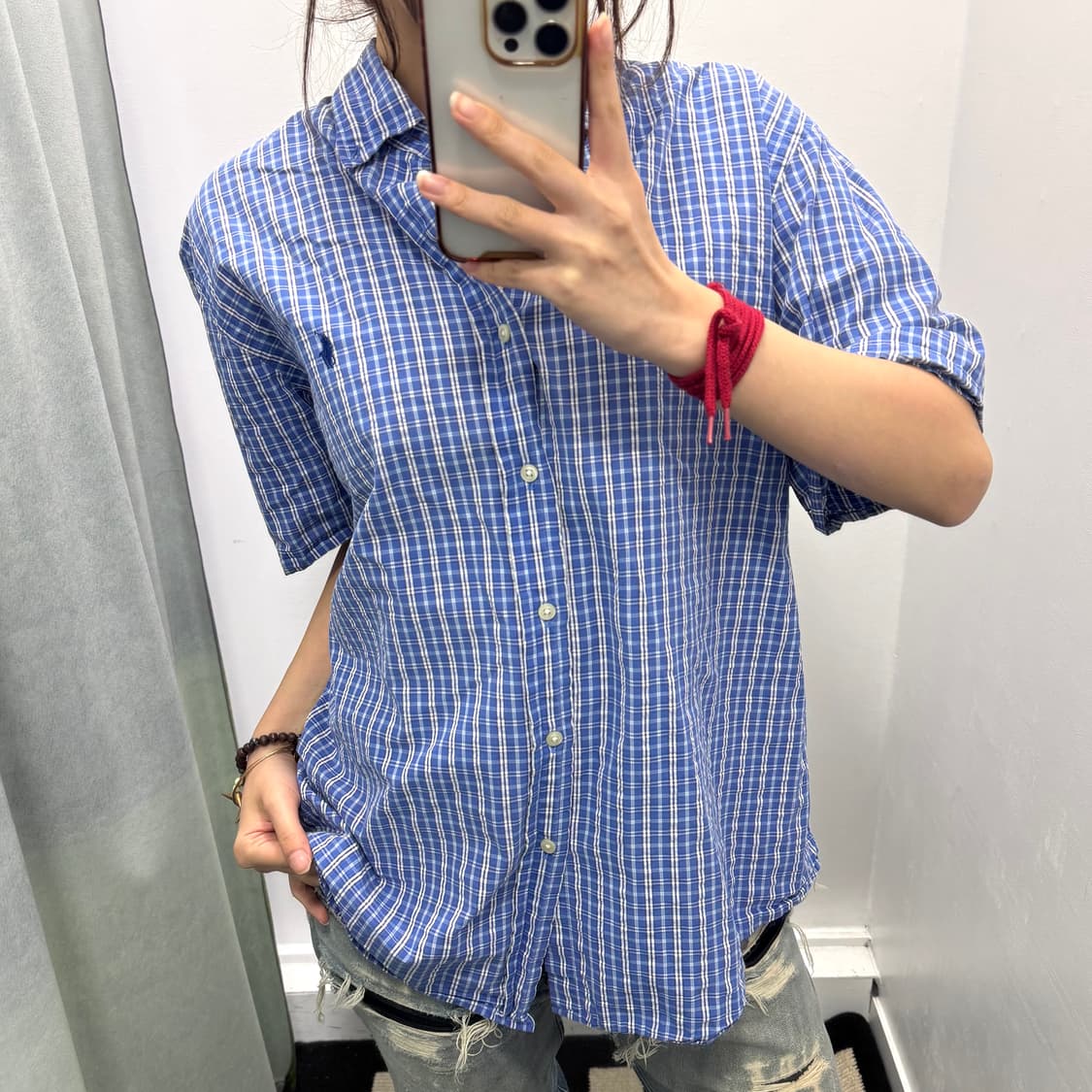 랄프로렌 블루 체크 클래식핏 반팔셔츠 상품이미지1
