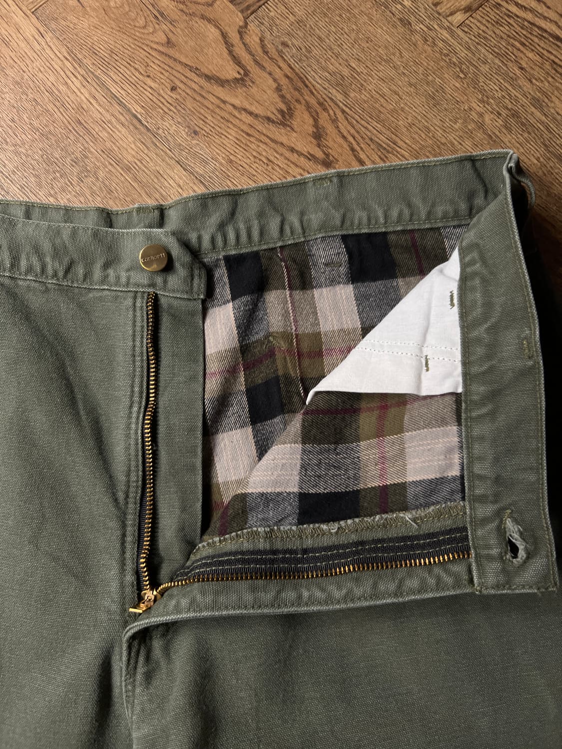 [38]칼하트 USA 체크 라이닝 모스그린 싱글니 카펜터 워크 팬츠 상품이미지3