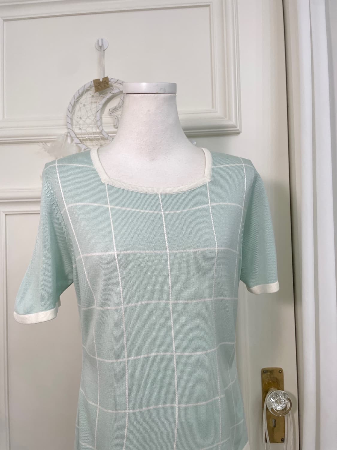 mint white check hlaf knit top(size-L) 상품이미지5