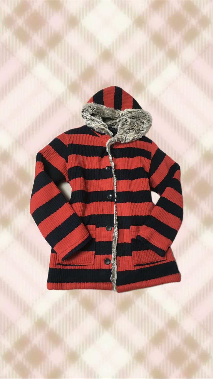 레드 블랙 스트라이프 후드 퍼 자켓 오네 갸루 펑크 와투케 고스 빈티지 상품이미지1