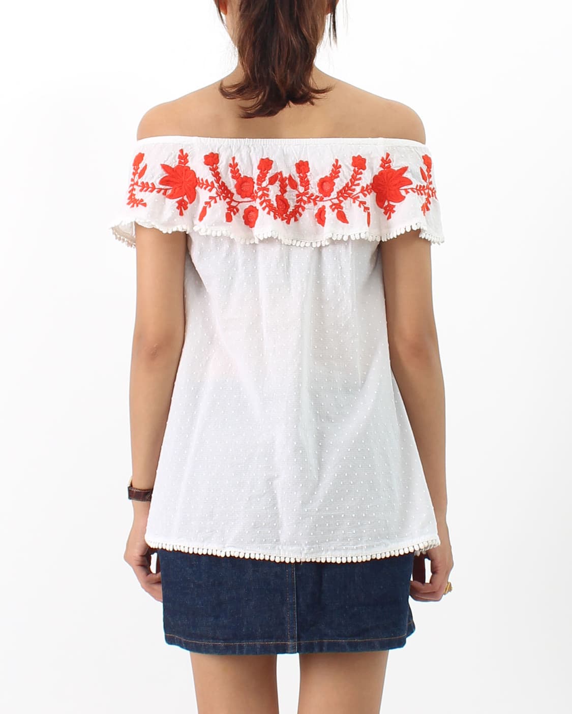 유럽 빈티지 플라워 자수 오프숄더 나시 화이트 여름 블라우스 상품이미지3