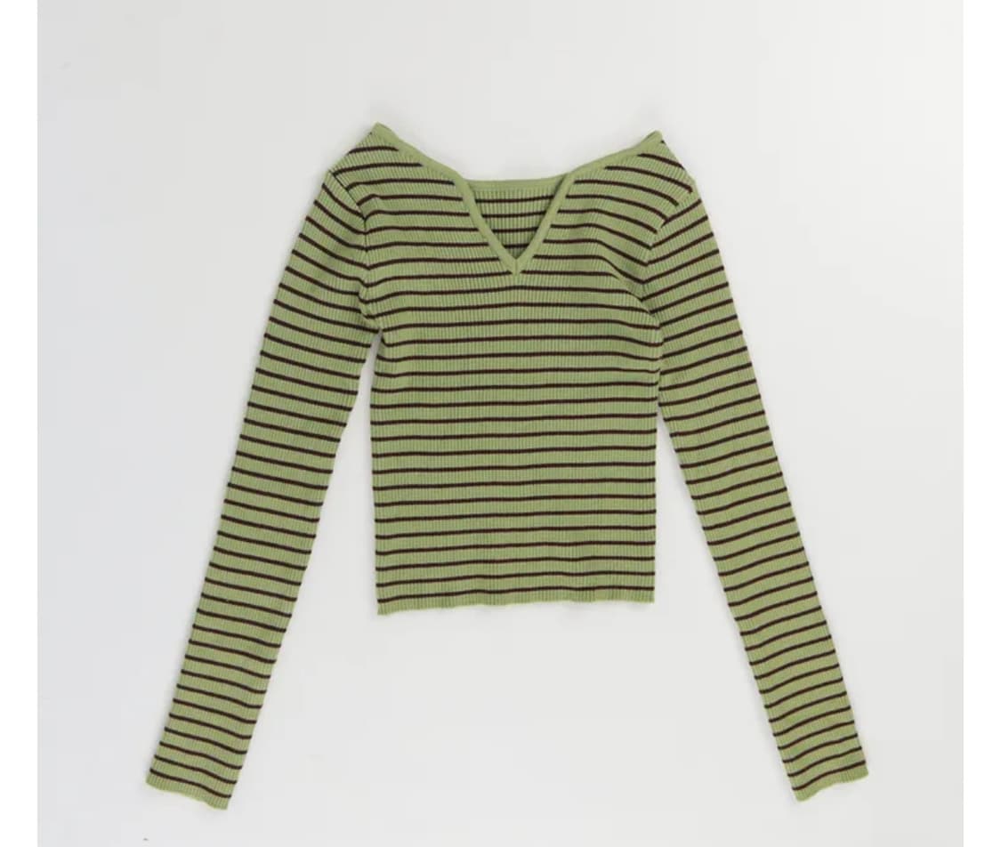 단가라 니트 스트라이프 브이넥 슬림핏 골지 긴팔 초록 상품이미지1