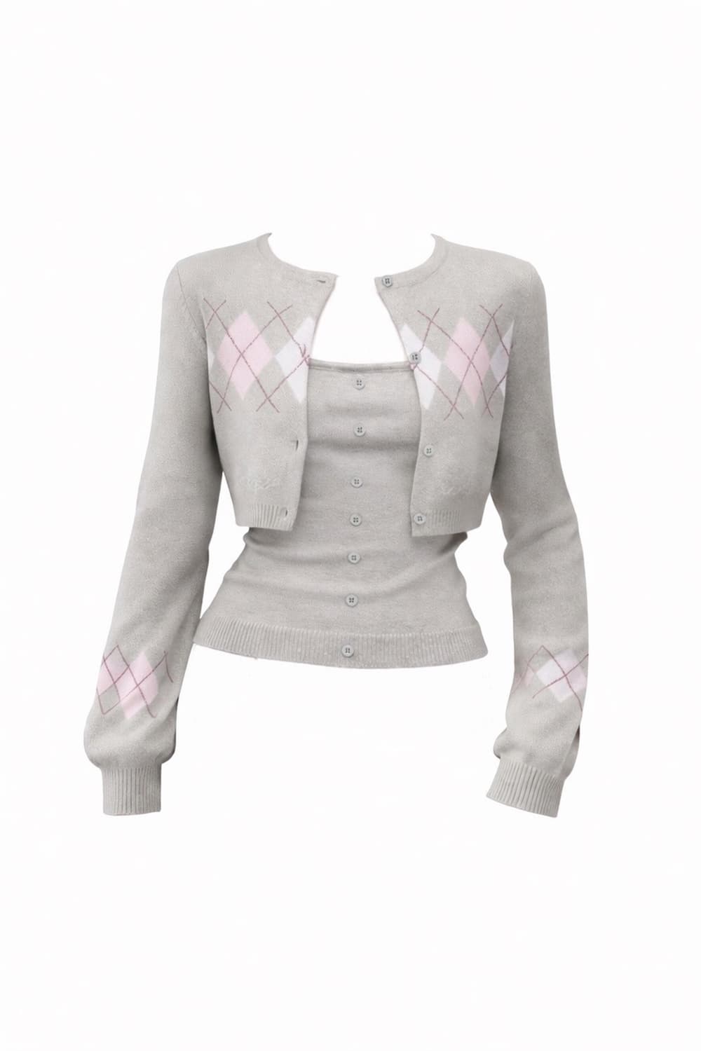 아가일 크롭 니트 가디건 투피스세트 ( 그레이 ) 상품이미지2